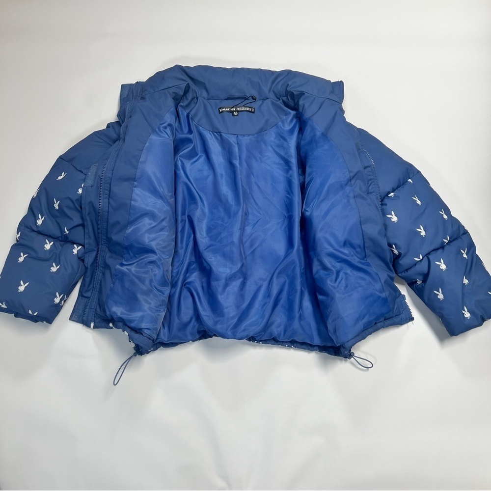 Playboy x Missguided Blue Logo Puffer Jacket Y2K Streetwear Size 8 Cropped Coat - Picture 7 of 9